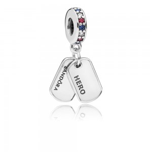 Pandora Charm-Hero Dog Tag Dangle-Multi-Colored CZ-Blue Crystals Outlet