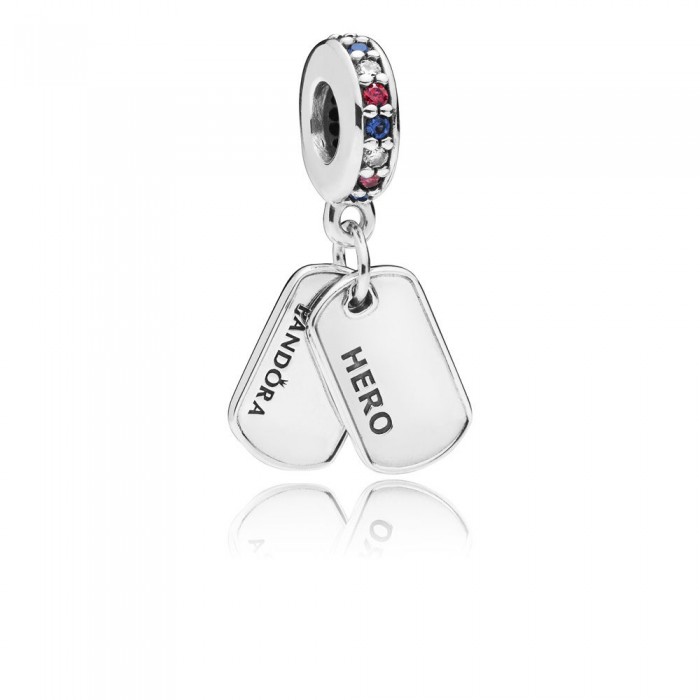 Pandora Charm-Hero Dog Tag Dangle-Multi-Colored CZ-Blue Crystals Outlet