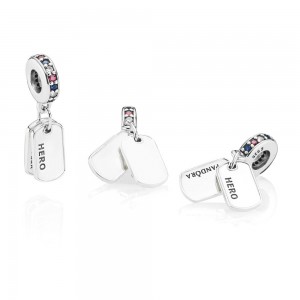Pandora Charm-Hero Dog Tag Dangle-Multi-Colored CZ-Blue Crystals Outlet