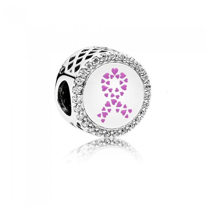 Pandora Charm-Ribbon of Strength-Pink Enamel and Clear CZ Outlet