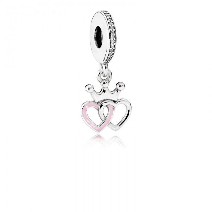 Pandora Charm-Crowned Hearts Dangle-Orchid Pink Enamel Clear CZ Outlet