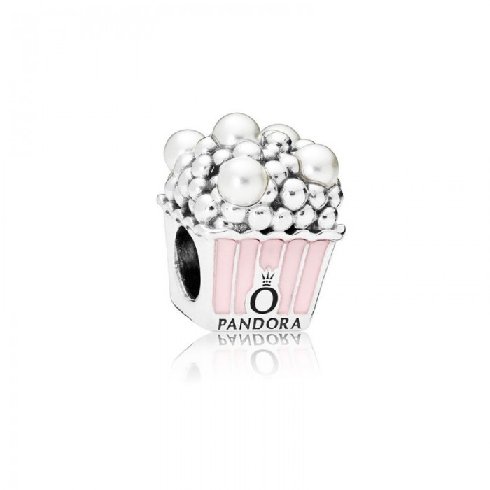 Pandora Charm-Delicious Popcorn-Pale Pink Enamel White Crystal Pearls Outlet