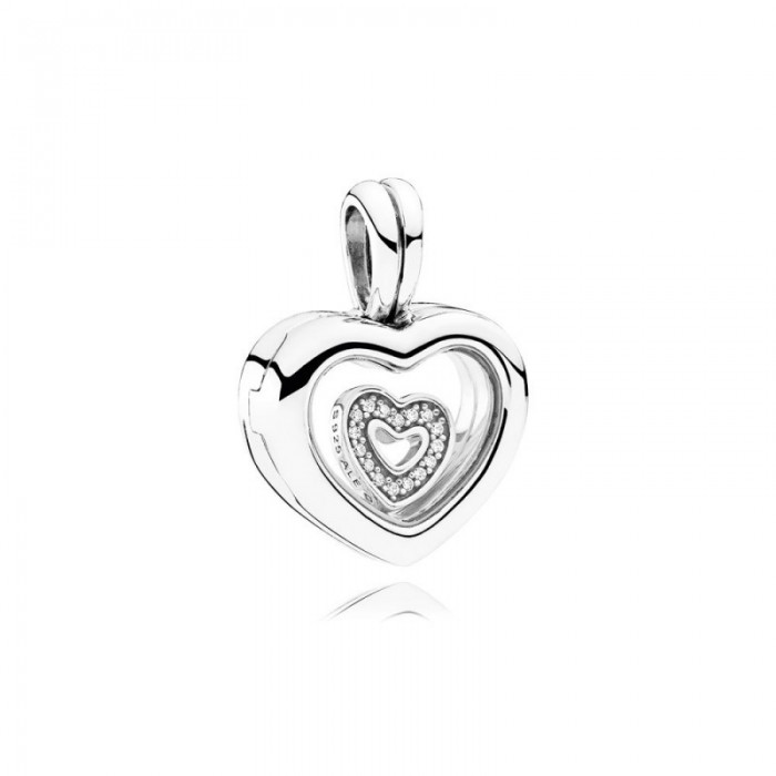 Pandora Charm-Floating Heart Locket-Sapphire Crystal Glass-Clear CZ Outlet