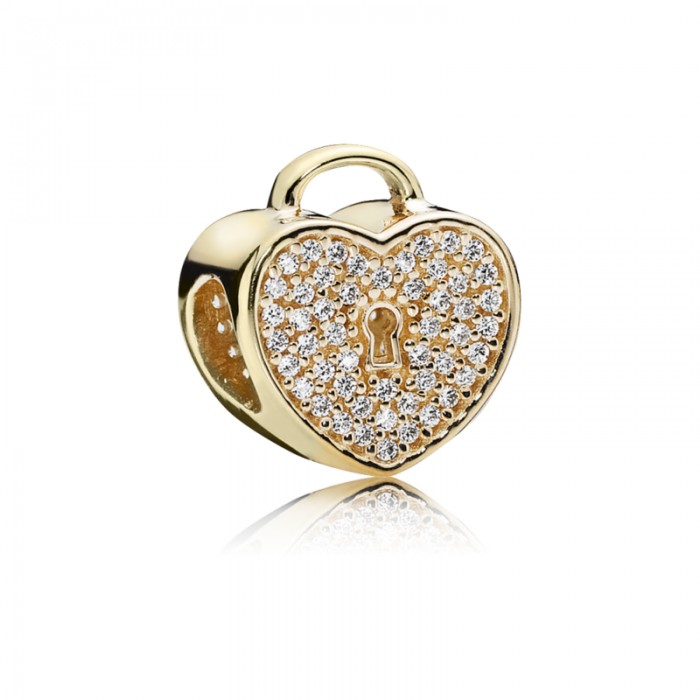 Pandora Charm-Heart Lock-Clear CZ-14K Gold Outlet