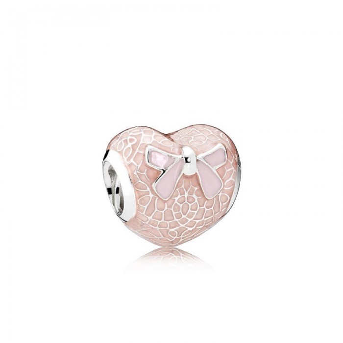 Pandora Charm-Pink Bow-Lace Heart-Transparent Misty Rose-Pink Enamel Outlet