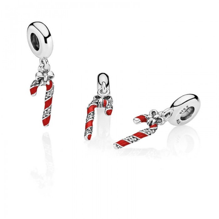 Pandora Charm-Sparkling Candy Cane Dangle-Berry Red Enamel Clear CZ Outlet