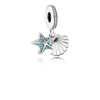 Pandora Charm-Tropical Starfish Sea Shell Dangle-Frosty Mint Clear CZ Outlet