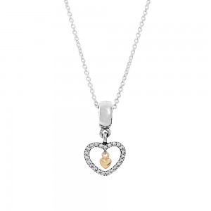 Pandora Necklace-Heart Dropper Love Pendant-Gold Outlet