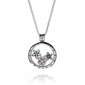 Pandora Necklace-Poetic Blooms Petite Memories Floral Locket-CZ Outlet