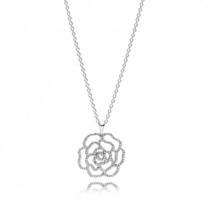 Pandora Necklace-Shimme Rose Floral Pendant Outlet