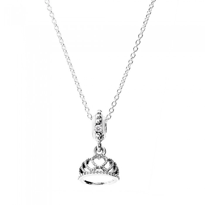 Pandora Necklace-Silver Heart Tiara Dropper Necklet Fairytale Pendant Outlet